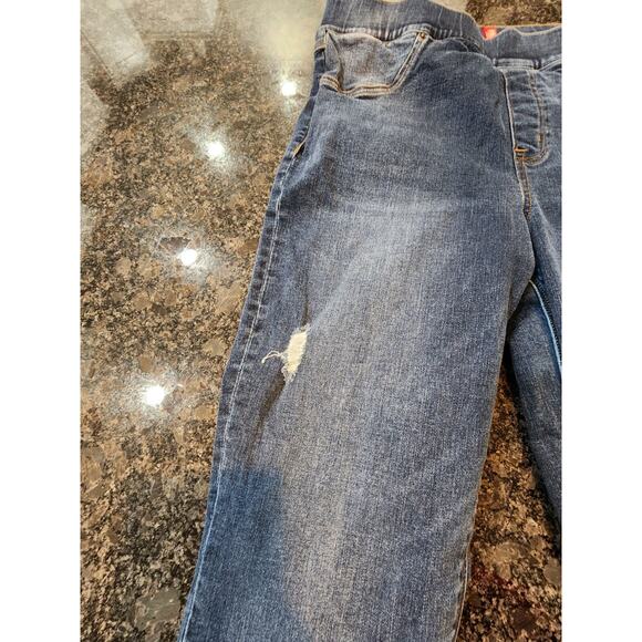 Spanx Distressed Ankle Skinny Jeans, Medium Wash Denim Raw Hem Jeggings Sz Large - Picture 4 of 9